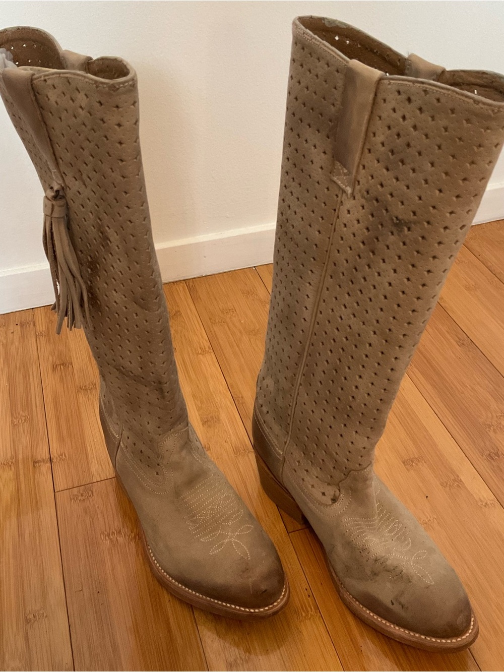 Miss Sixty Taupe Perforated Over-the-Knee Suede Boots with Tassel - Picture 16 of 16